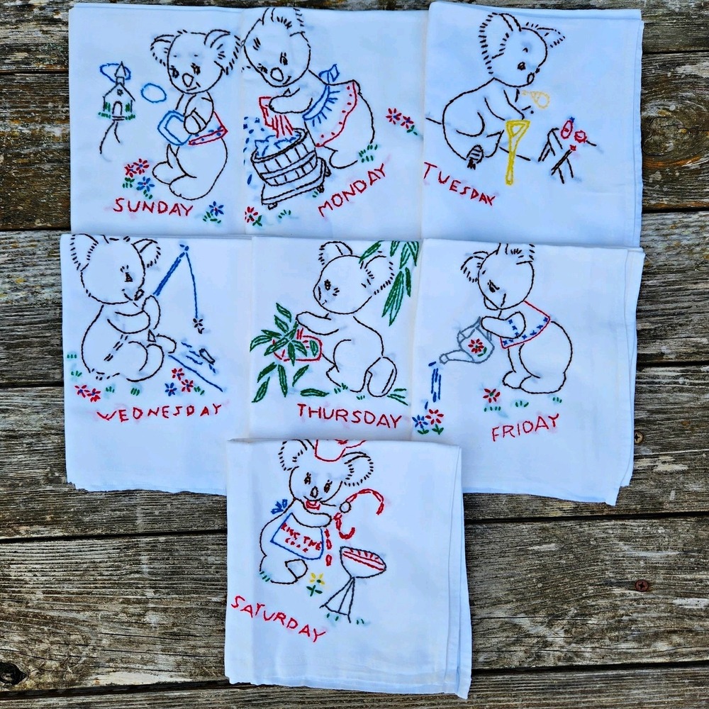 Vintage 50s Days of the Week Koala Bear Embroidered Tea Towels Complete Set 7